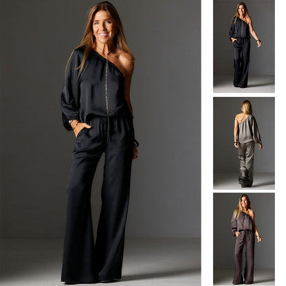 Elegante conjunto de top de satén de un solo hombro y pantalones de pierna ancha
