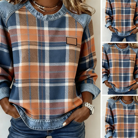Camisetas de manga larga de retallos de retallado de vaqueros para mujer