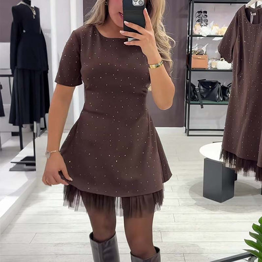 🔥Ofertas especiales: vestido mini de manga corta con ribete de encaje brillante para mujer | Elegante y brillante