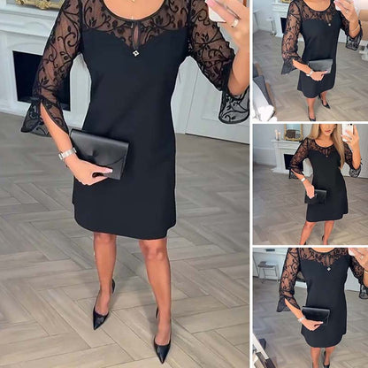 ⏳Vestido👗 mini de manga larga de encaje transparente con 50% de descuento⏰en línea A