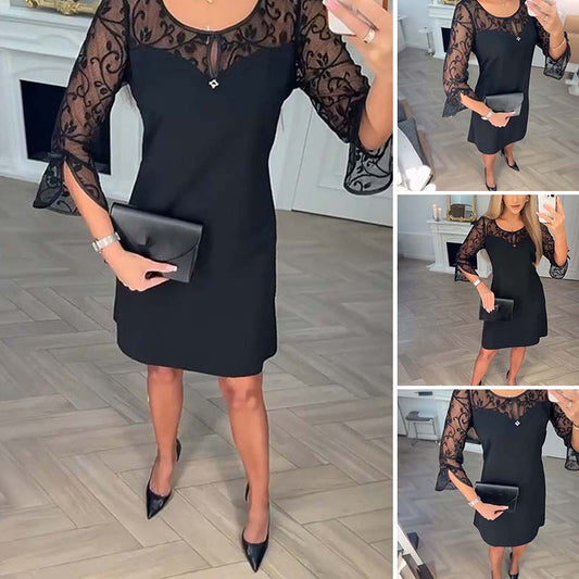 ⏳Vestido👗 mini de manga larga de encaje transparente con 50% de descuento⏰en línea A