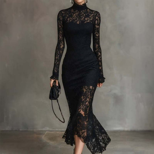 Elegante vestido sirena de manga larga de manga alta y manga larga