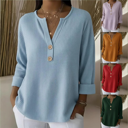 Tops de punto waffle de mujer con escote en V abotonados