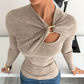 Camiseta de punto acanalado de manga larga y gira en el frente para mujer