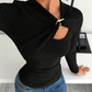 Camiseta de punto acanalado de manga larga y gira en el frente para mujer