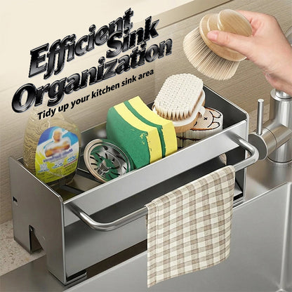 Soporte de esponjas autodrenante con toallera para el fregadero de la cocina