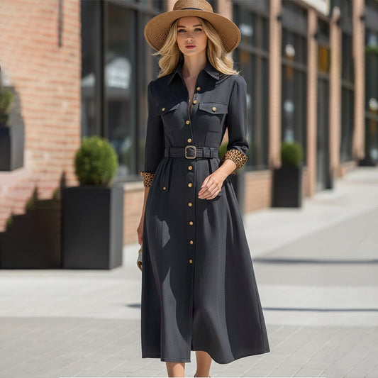 Vestido camisa de manga larga con cinturón para mujer