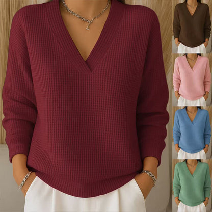 Camiseta informal de mujer de punto gofre de manga larga y escote en V