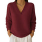 Camiseta informal de mujer de punto gofre de manga larga y escote en V