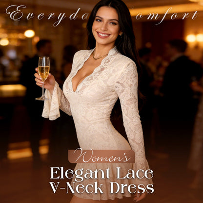 Elegante vestido de encaje con escote en pico y ribetes con volantes
