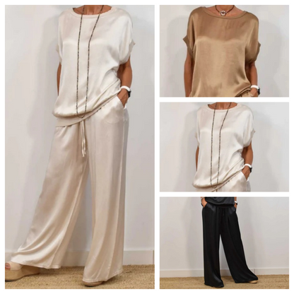 Conjunto de dos piezas para mujer: top de manga corta y pantalones de satén