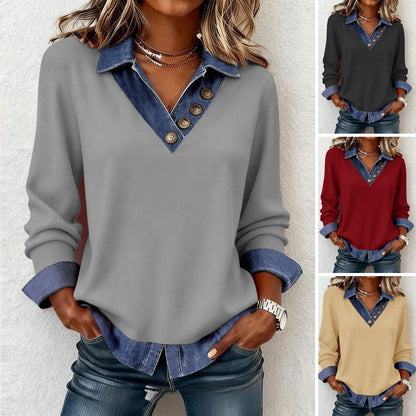 Camiseta de 2 piezas falsa con cuello vaquero de retallos para mujer