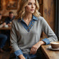 Camiseta de 2 piezas falsa con cuello vaquero de retallos para mujer