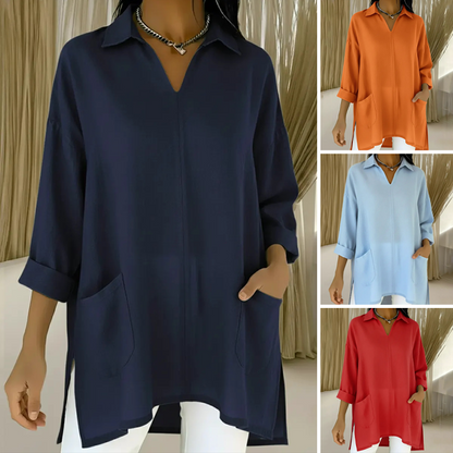 Camiseta de solapa de mujer con escote en V y bolsillos