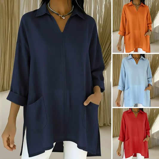 Camiseta de solapa de mujer con escote en V y bolsillos