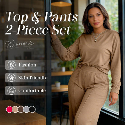 Conjunto de dos piezas de 2 piezas de camiseta de manga larga y pantalones anchos de mujer