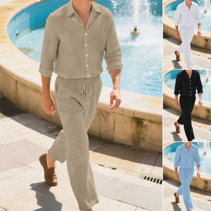 Conjunto de camisa de manga larga y pantalón largo de lino para hombre (2 piezas)