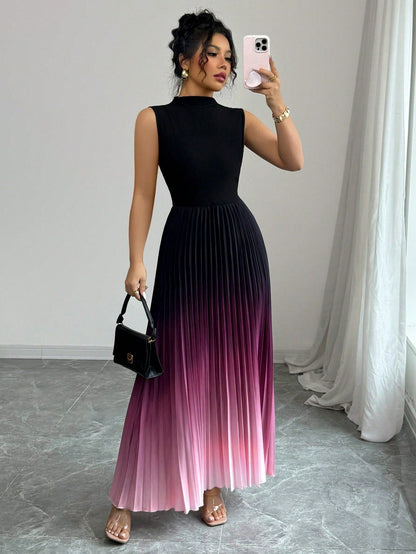 👗Vestido❤️ largo de escote falso sin mangas plisado en ombré