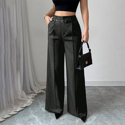 Pantalones femeninos de cintura ancha de cintura alta con cinturón