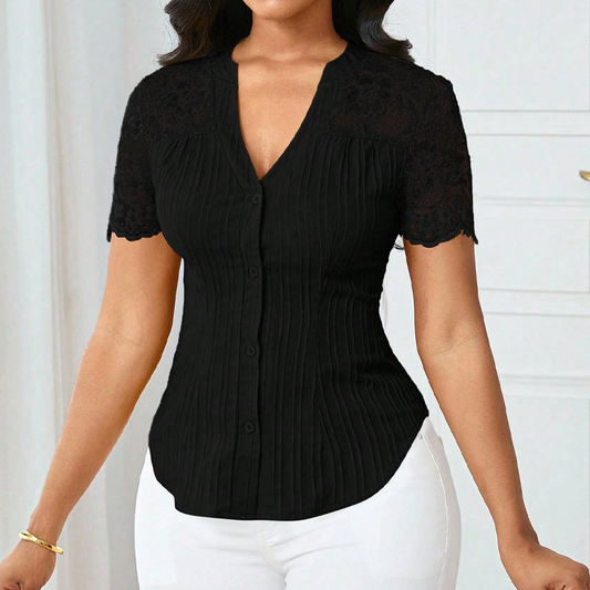 Blusa de Verano para Mujer con Escote en V, Mangas de Encaje y Botones