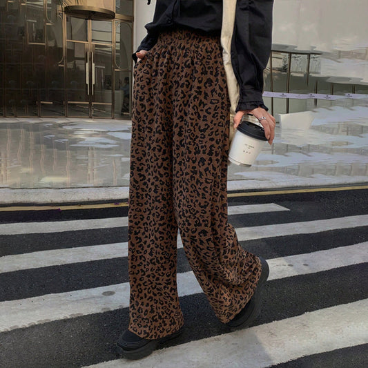 Pantalones de cintura recta de cintura recta de cintura alta con estampado de leopardo para mujer