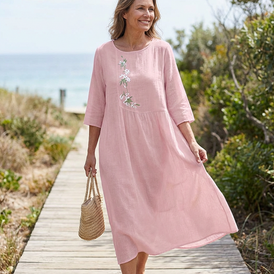 🌸 Vestido Midi Holgado Bordado para Mujer – Cuello Redondo, Manga Corta, Transpirable, Tallas Grandes (S-5XL) ✨