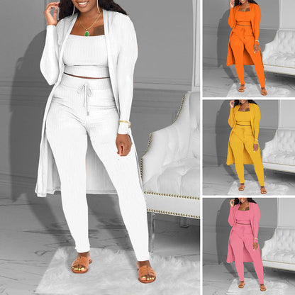 ✨ Conjunto de 3 Piezas de Punto Canelado para Mujer – Top Corto, Cardigan Largo y Pantalones, Elástico, Tallas S-3XL 🧥