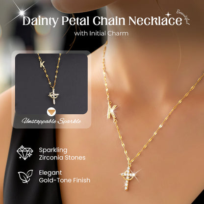 💎 Collar de cadena de pétalos delicados con dije inicial – Ajustable, brillante y diseño ✨📿 inspirado en la fe