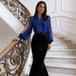 Top con cuello en V y mangas transparentes con lentejuelas