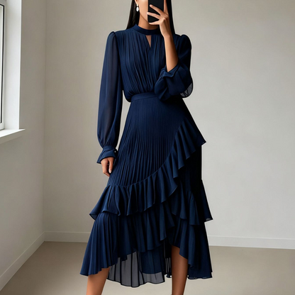 Vestido Midi de mujer con escote en forma de ojal de cerradura y volantes