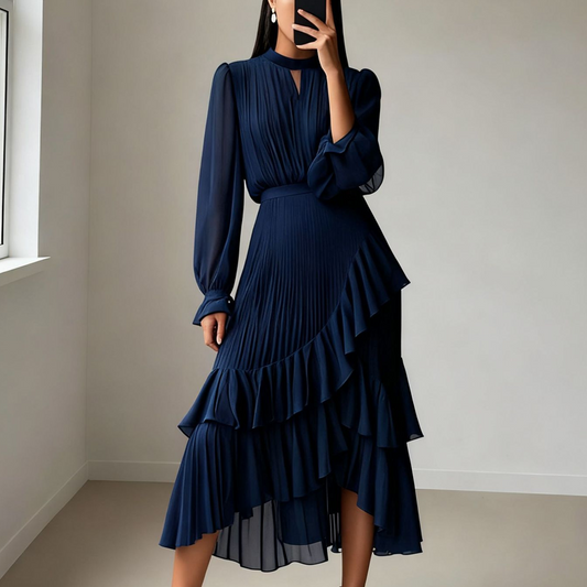 Vestido Midi de mujer con escote en forma de ojal de cerradura y volantes