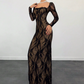 Vestido Maxi Bodycon de Manga Larga de Manga Larga de Encaje Sobrepuesto para Mujer