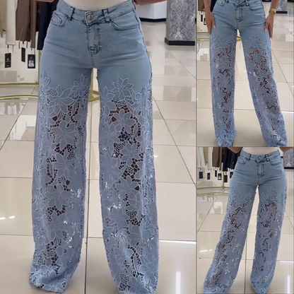Vaqueros vaqueros de retallos de encaje de moda