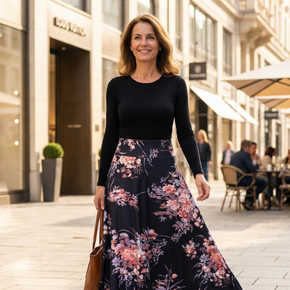 Vestido femenino de manga larga con estampado floral con empalmes