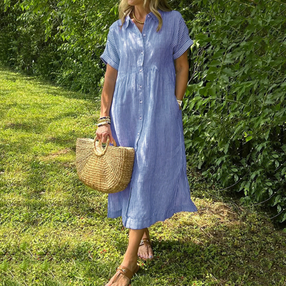 🔥REBAJAS DEL ÚLTIMO DÍA Vestido camisa a rayas con🔥solapas y botones, con bolsillos funcionales