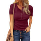 Camiseta de punto Henley de manga corta para mujer y acanalado