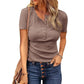 Camiseta de punto Henley de manga corta para mujer y acanalado