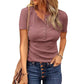Camiseta de punto Henley de manga corta para mujer y acanalado