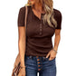Camiseta de punto Henley de manga corta para mujer y acanalado