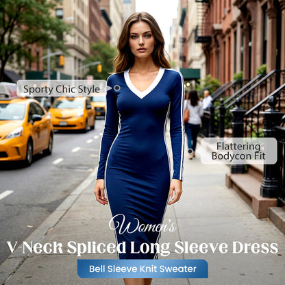 👗¡50% DE DESCUENTO! Vestido casual de mujer con escote en V y manga larga con empalmes: detalle deportivo de rayas y ajuste favorecedor para todas las estaciones. 🌟
