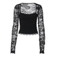 Camiseta de mujer de color liso con encaje floral, volantes partidos y mangas transparentes