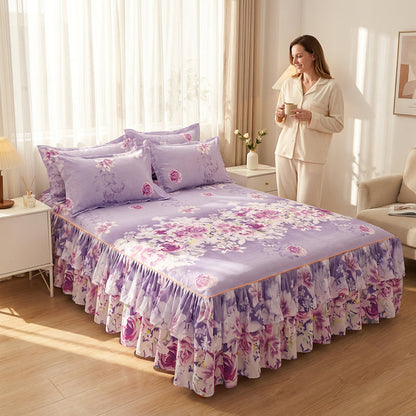 Set de sábanas y fundas de almohada florales con volantes de tres piezas