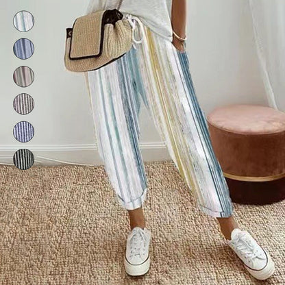 💕¿Qué debería ponerme mañana? 💕Pantalones de algodón de lino a rayas para mujeres
