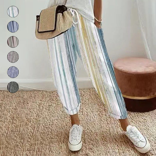 💕¿Qué debería ponerme mañana? 💕Pantalones de algodón de lino a rayas para mujeres