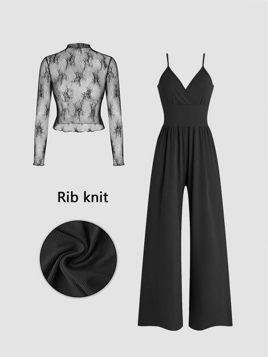 Conjunto de dos piezas para mujer: camiseta de encaje y mono con bolsillos