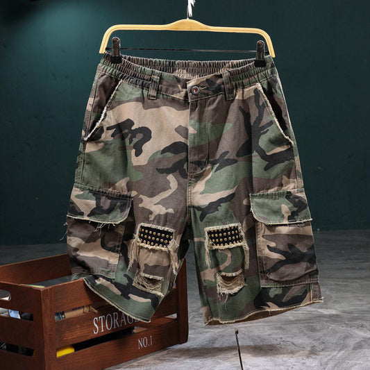 ✨ ¡50% DE DESCUENTO! ✨Pantalones cortos cargo de camuflaje con tachuelas para hombre – Diseño desgastado, detalles en tachuelas doradas y funcionalidad de múltiples bolsillos