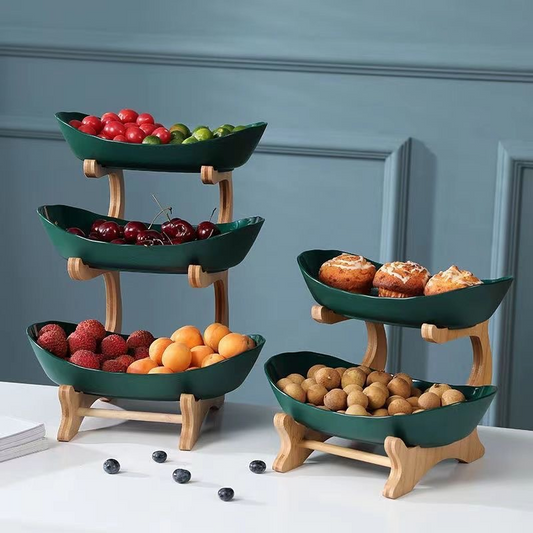 Cuenco de Fruta de 3 Pisos con Soporte de Madera