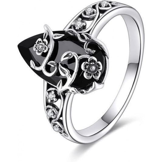 💎 ¡50% DE DESCUENTO EN EL ANILLO BOHEMIAN VINTAGE! 💎 Diseño floral de vid, gema negra en forma de lágrima y detalles brillantes para una elegancia✨ atemporal