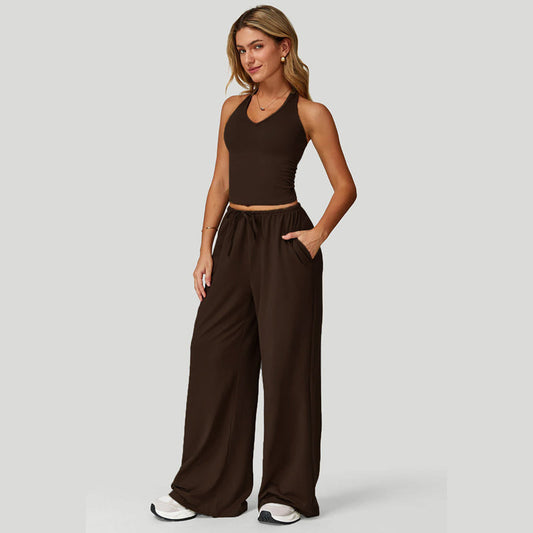 Conjunto de top corto de escote halterdo y pantalones de pierna ancha para mujer