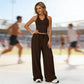 Conjunto de top corto de escote halterdo y pantalones de pierna ancha para mujer